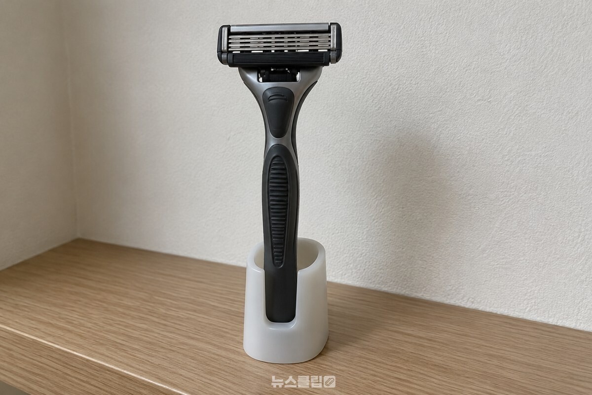 건조한 방 선반 위에 날이 위로 향하게 세워 둔 카트리지 면도기. / 기사 이해를 돕기 위한 생성형 이미지