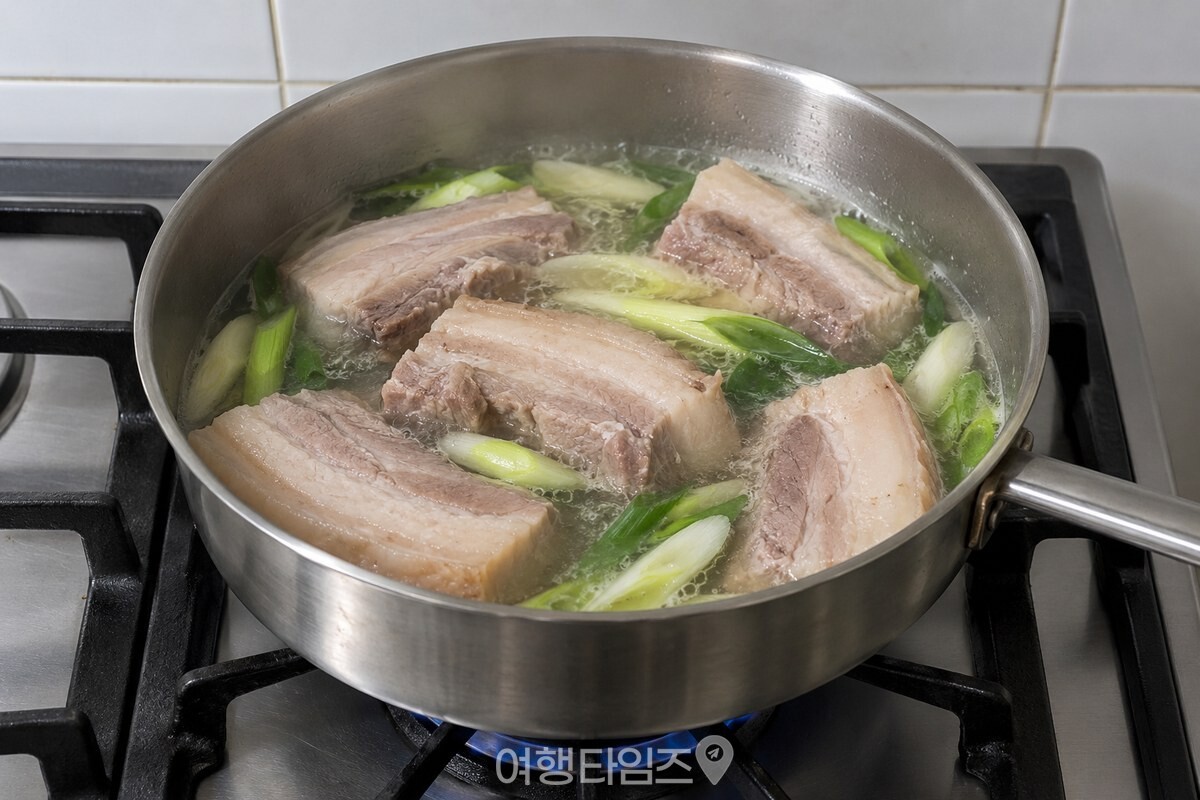 높은 테두리 팬에서 대파와 함께 소주로 익히고 있는 삼겹살입니다. / 기사 이해를 돕기 위한 생성형 이미지