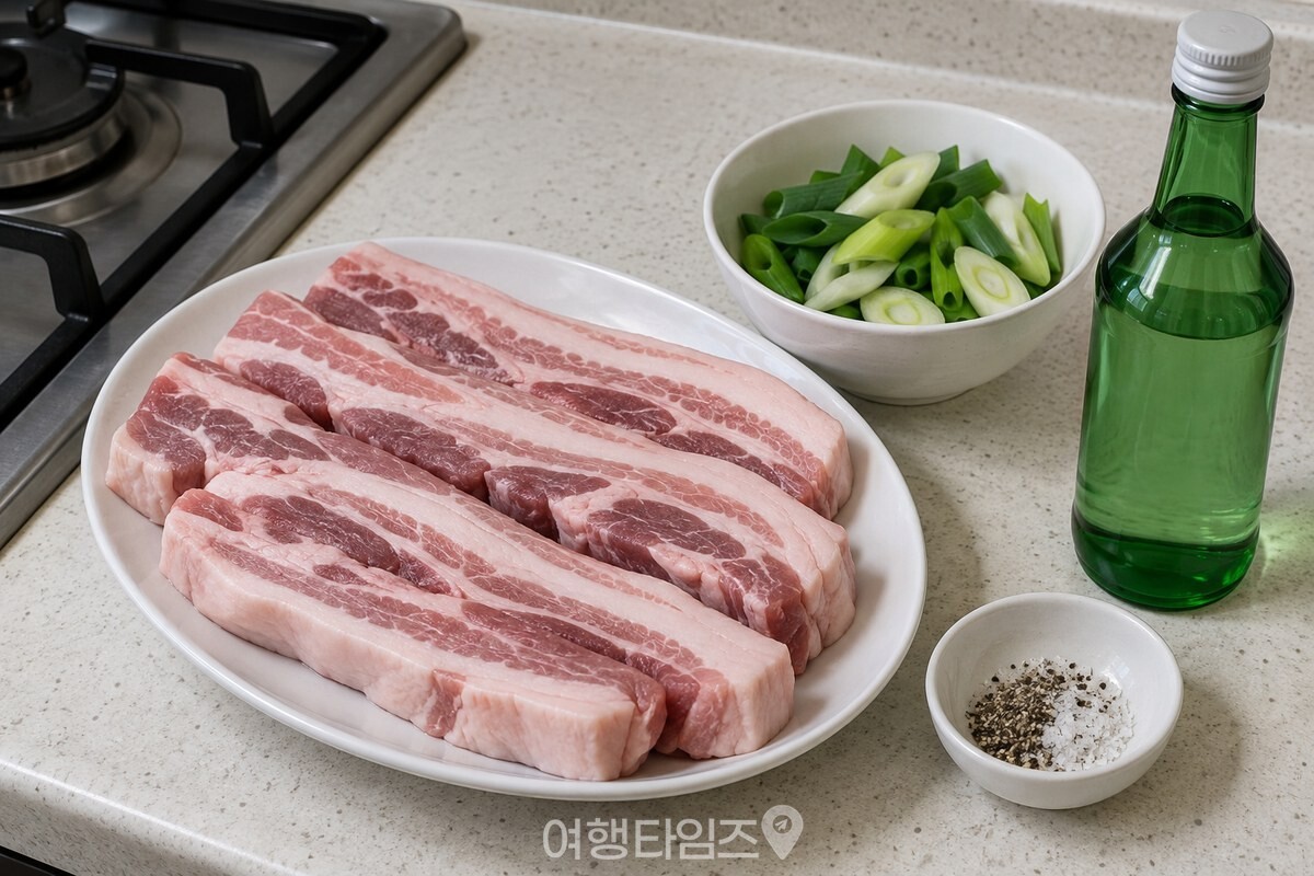 삼겹살 600g과 어슷 썬 대파, 일반 소주 한 병을 조리 전에 준비한 모습입니다. / 기사 이해를 돕기 위한 생성형 이미지