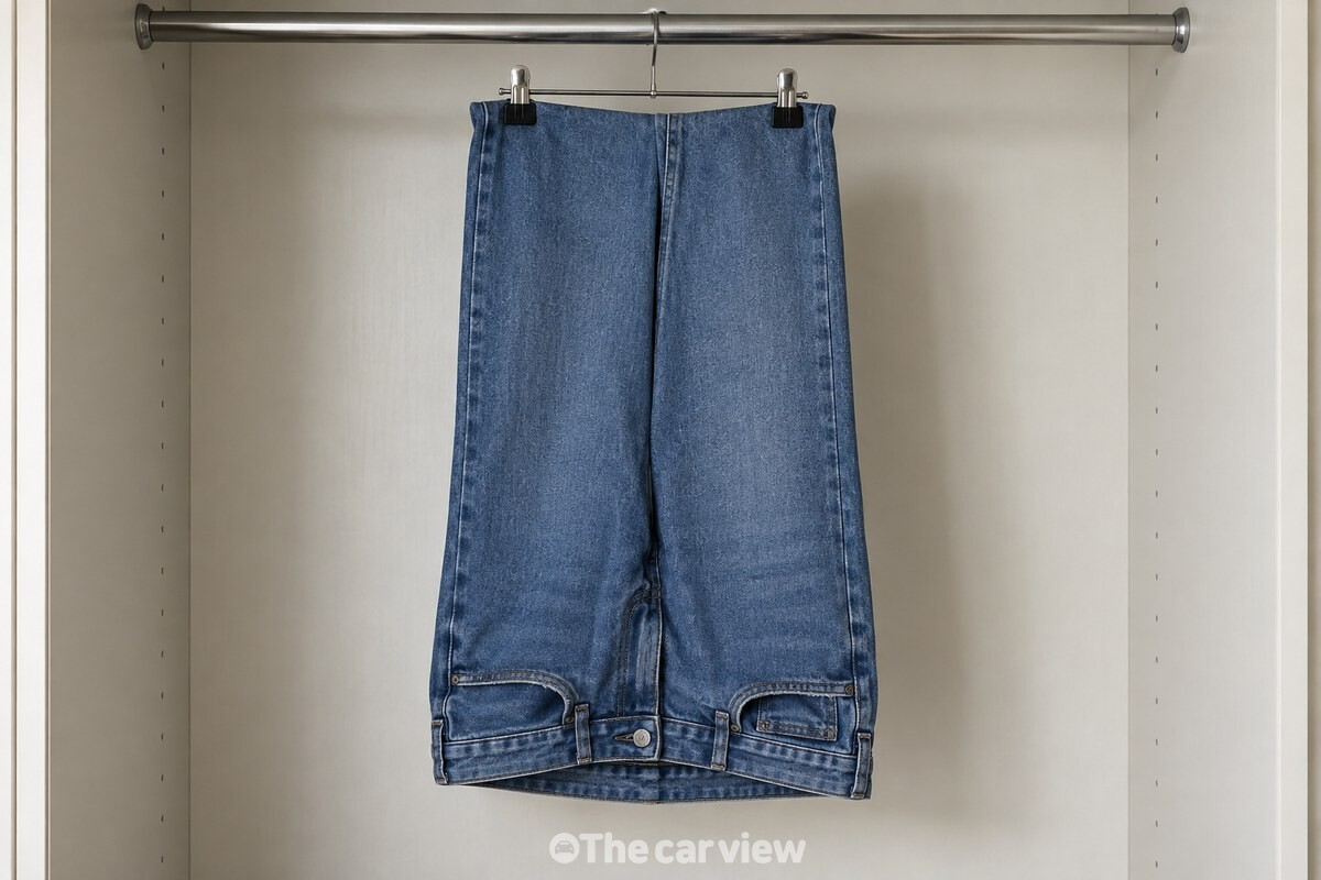 옷장 봉에 밑단을 집게로 물린 청바지가 허리를 아래로 향한 채 걸려 있다. / 기사 이해를 돕기 위한 생성형 이미지