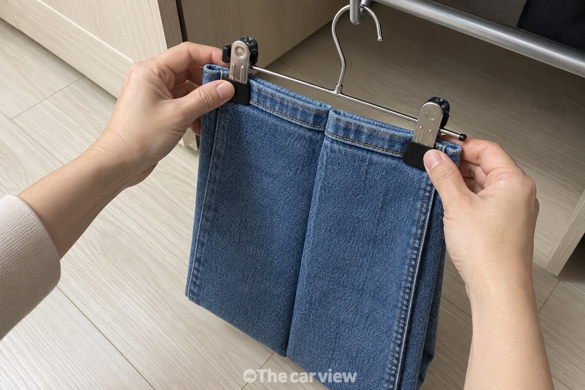 양쪽 밑단을 나란히 모은 청바지를 바지걸이의 두 집게가 각각 물고 있다. / 기사 이해를 돕기 위한 생성형 이미지