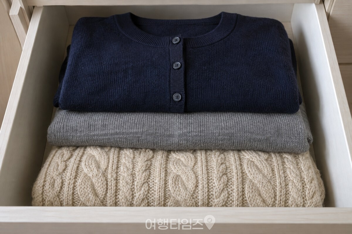 두꺼운 케이블 니트 아래에 얇은 니트와 가디건을 올려 둔 서랍. / 기사 이해를 돕기 위한 생성형 이미지