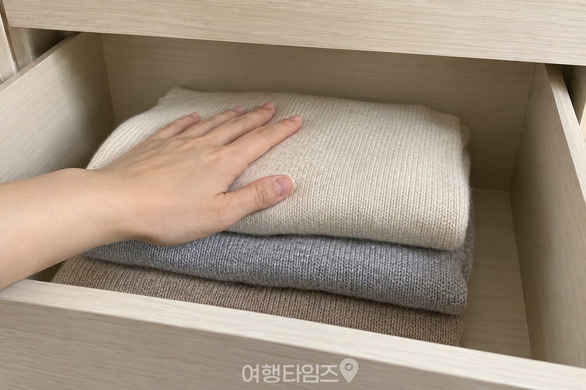 서랍 속 니트 위에 손바닥을 얹어 윗공간을 확인하는 모습. / 기사 이해를 돕기 위한 생성형 이미지