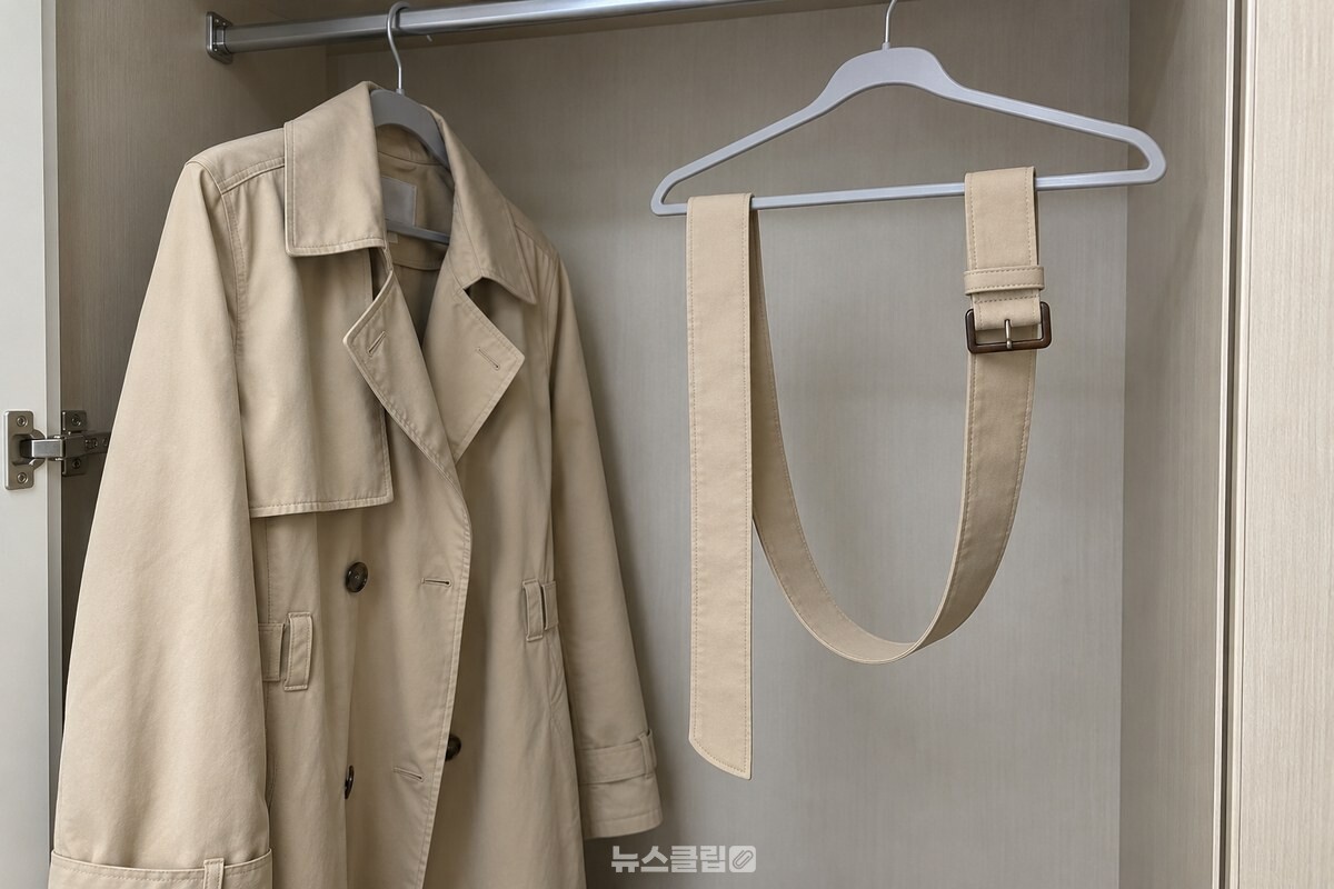 옷장 안에서 코트와 분리한 베이지색 벨트를 넓은 곡선으로 걸어 둔 모습. / 기사 이해를 돕기 위한 생성형 이미지