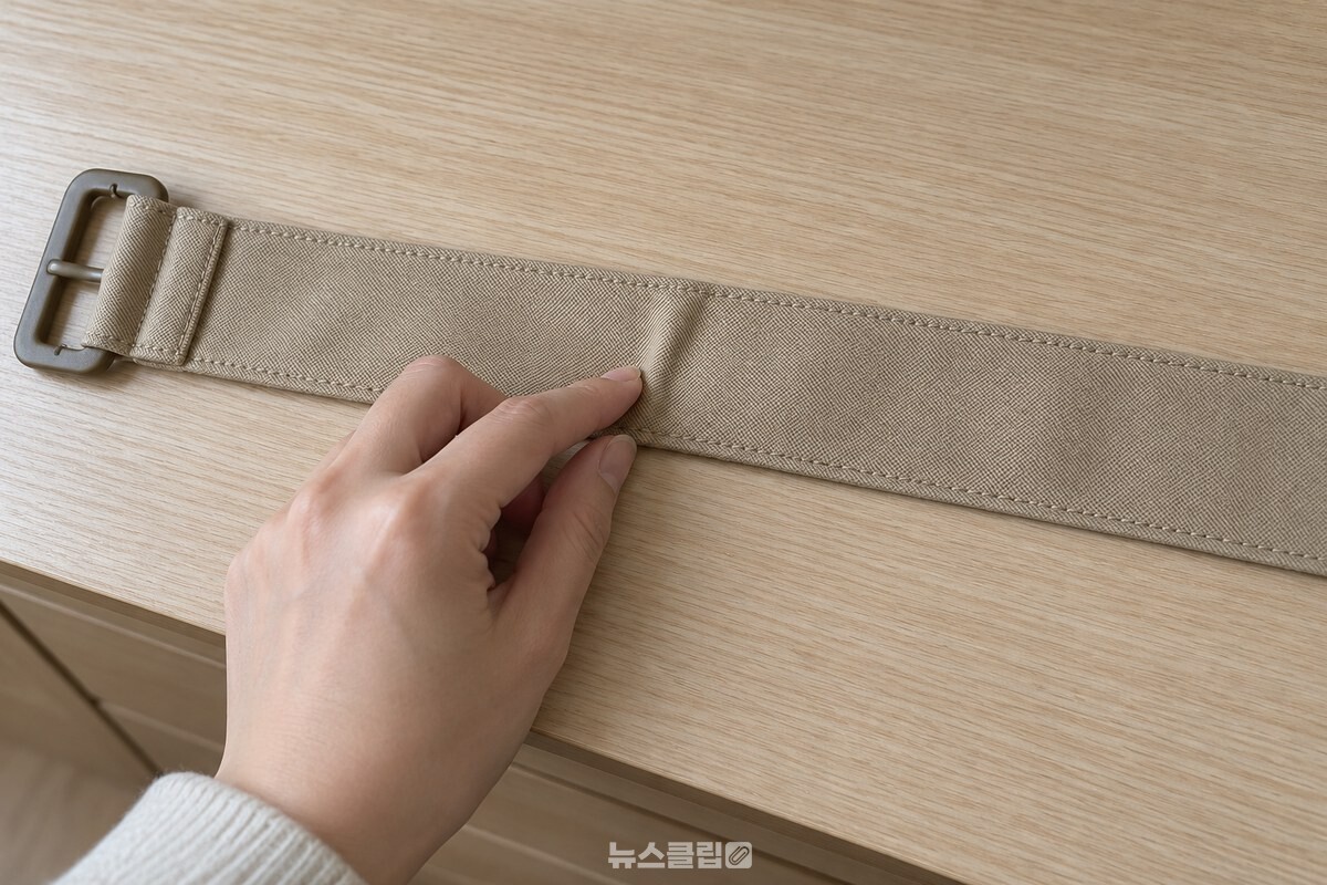 리본 매듭을 푼 베이지색 코트 벨트의 접힌 부분을 손으로 살펴보는 모습. / 기사 이해를 돕기 위한 생성형 이미지