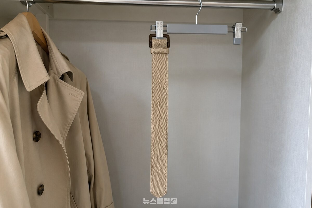 집게 옷걸이에 버클 쪽 끝을 물려 길게 늘어뜨린 코트 벨트. / 기사 이해를 돕기 위한 생성형 이미지