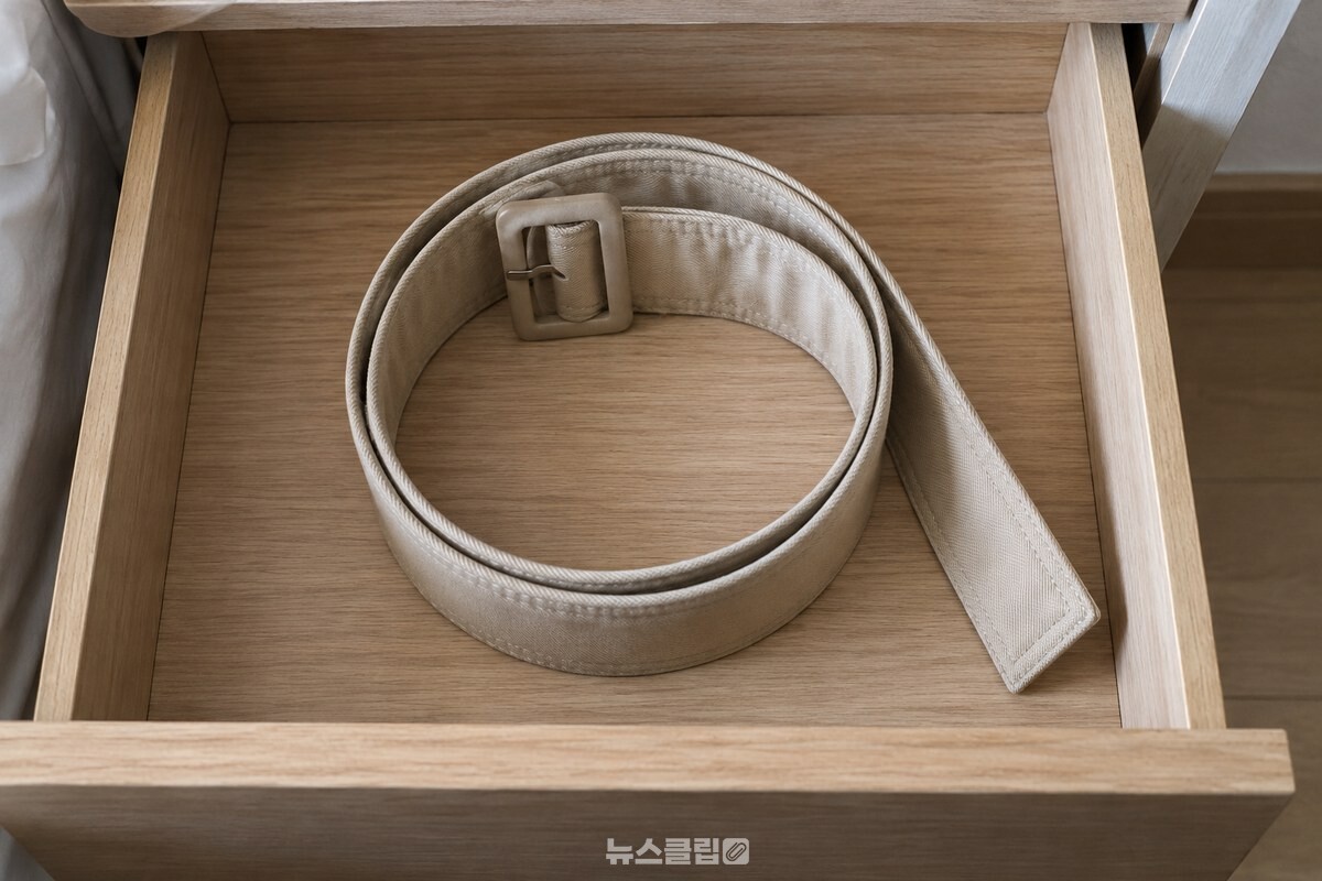 서랍 안에 지름이 큰 원으로 느슨하게 만 베이지색 코트 벨트. / 기사 이해를 돕기 위한 생성형 이미지