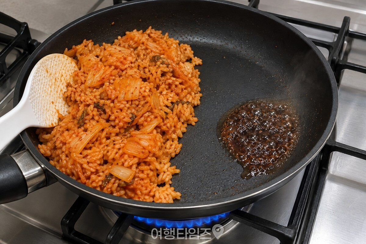 팬의 빈자리에서 간장 1큰술이 짧게 끓는 김치볶음밥 조리 장면. / 기사 이해를 돕기 위한 생성형 이미지