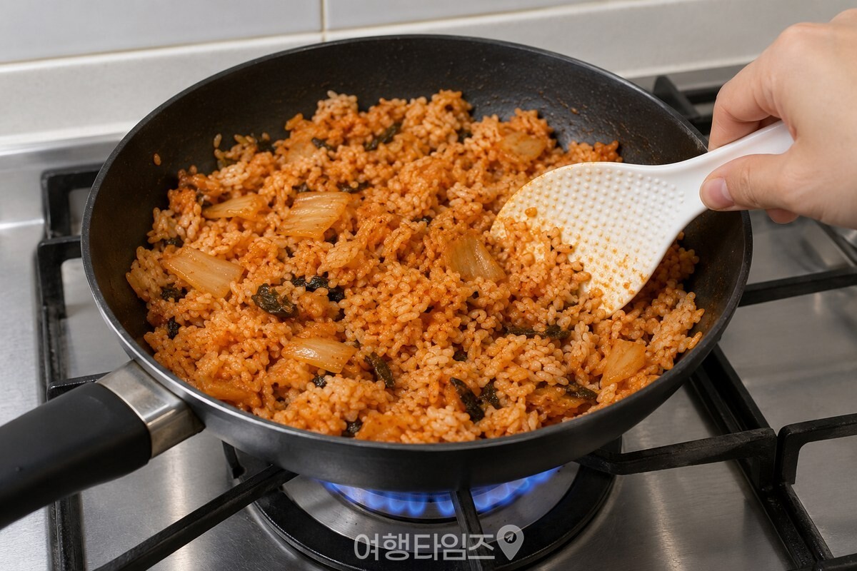 센 불의 팬에서 김치와 찬밥을 주걱으로 흩어 볶는 모습. / 기사 이해를 돕기 위한 생성형 이미지