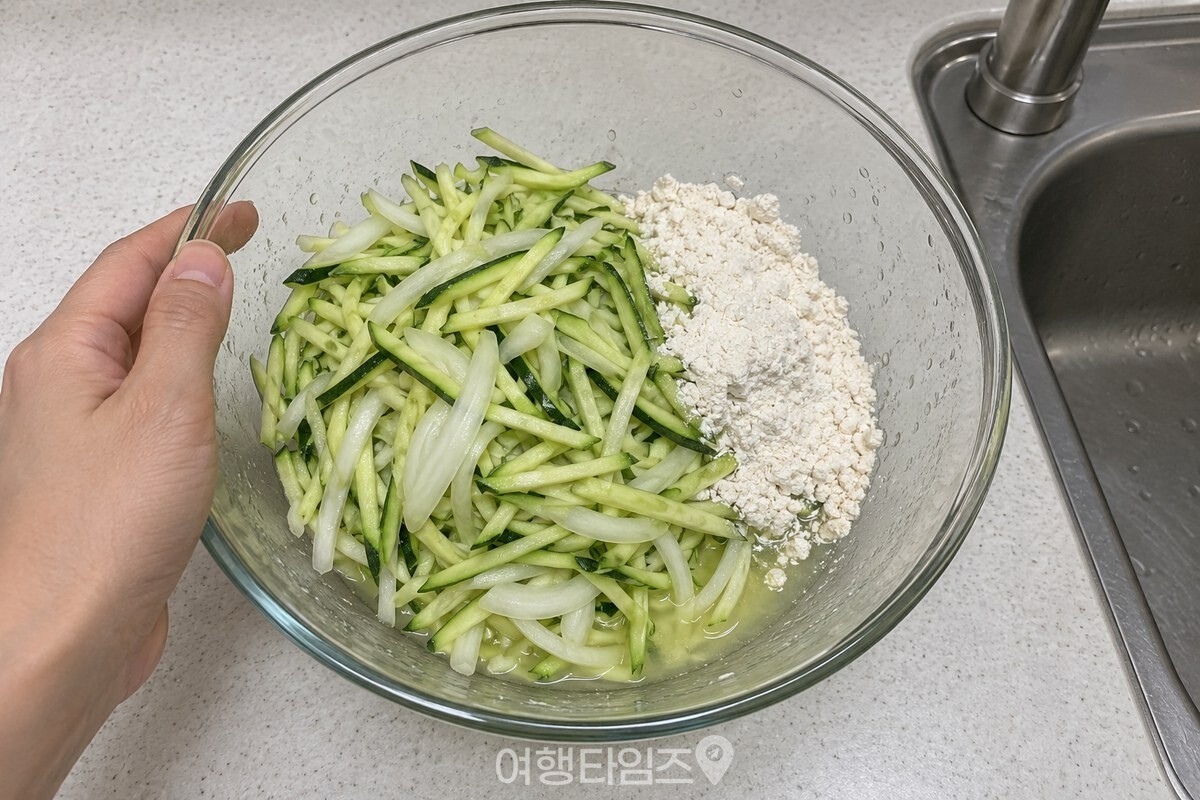 채 썬 호박에서 나온 물과 부침가루가 담긴 반죽 그릇. / 기사 이해를 돕기 위한 생성형 이미지