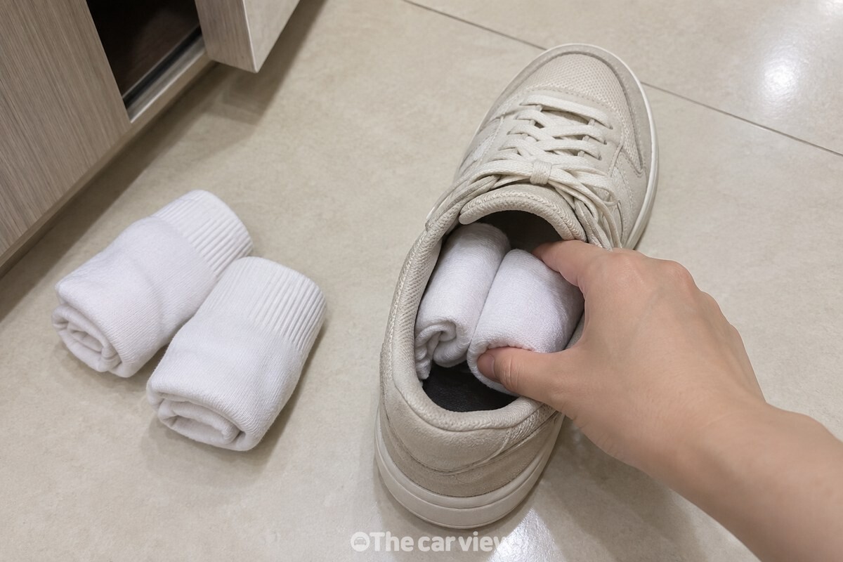 완전히 마른 흰 양말을 둥글게 말아 운동화 앞코부터 채우고 있다. / 기사 이해를 돕기 위한 생성형 이미지