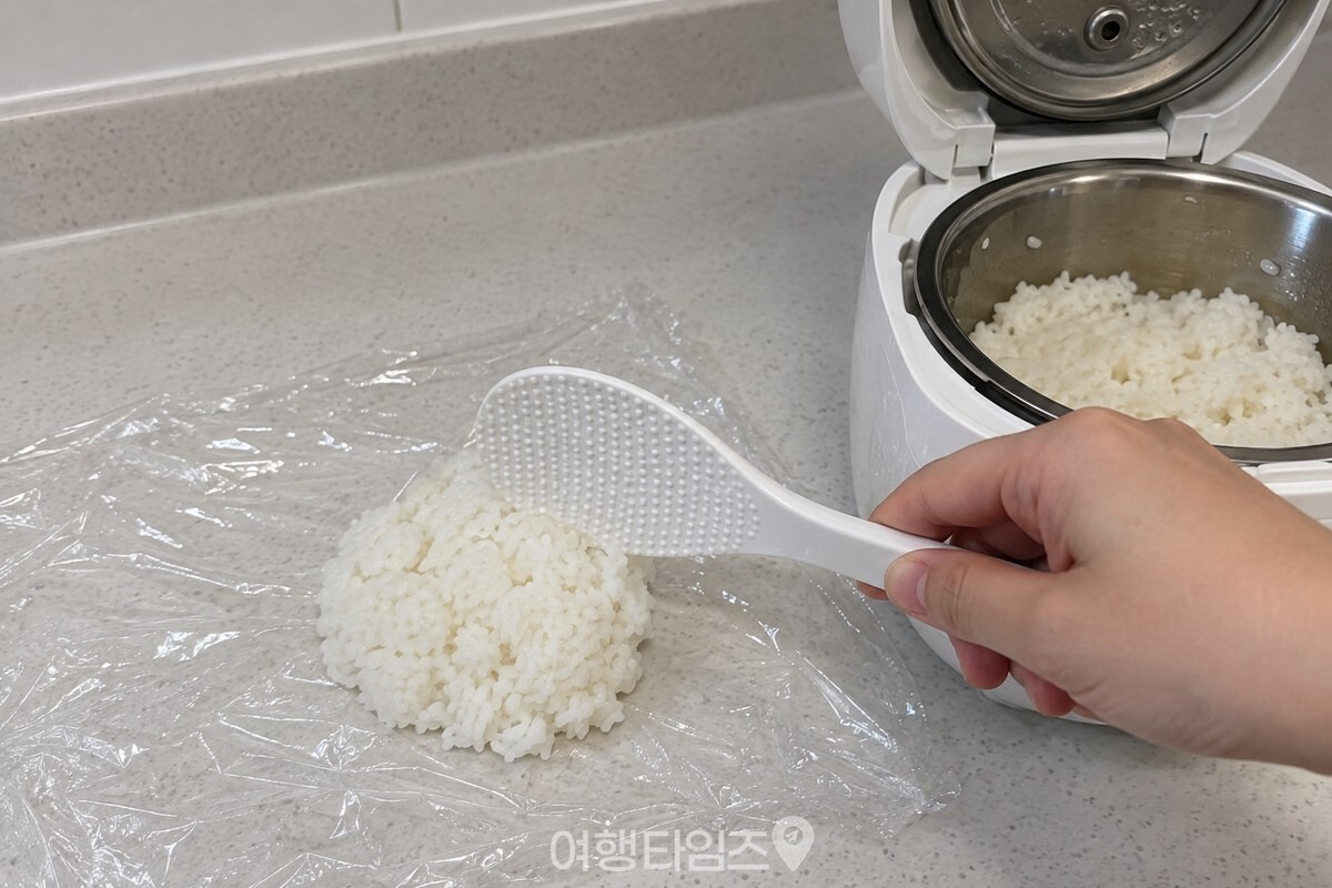 깨끗한 조리대 위 랩 한가운데에 한 끼 분량의 따뜻한 밥을 올려 둔 모습이다. / 기사 이해를 돕기 위한 생성형 이미지