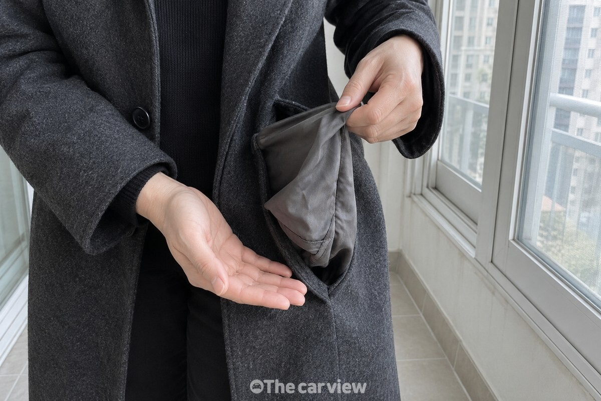 뒤집은 코트 주머니를 손바닥으로 가볍게 털어 안쪽 솔기를 비우는 모습. / 기사 이해를 돕기 위한 생성형 이미지