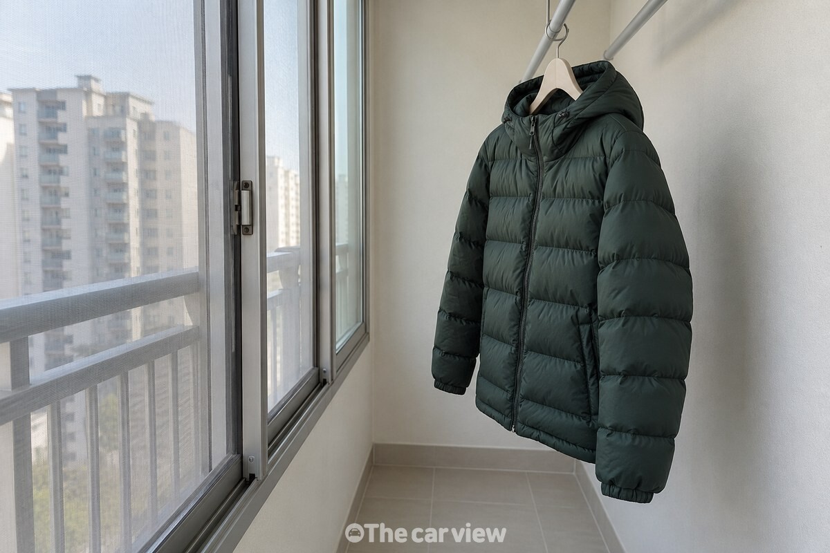 베란다 창을 조금 열고 벽에서 떨어뜨린 패딩이 옷걸이에 단독으로 걸려 있다. / 기사 이해를 돕기 위한 생성형 이미지