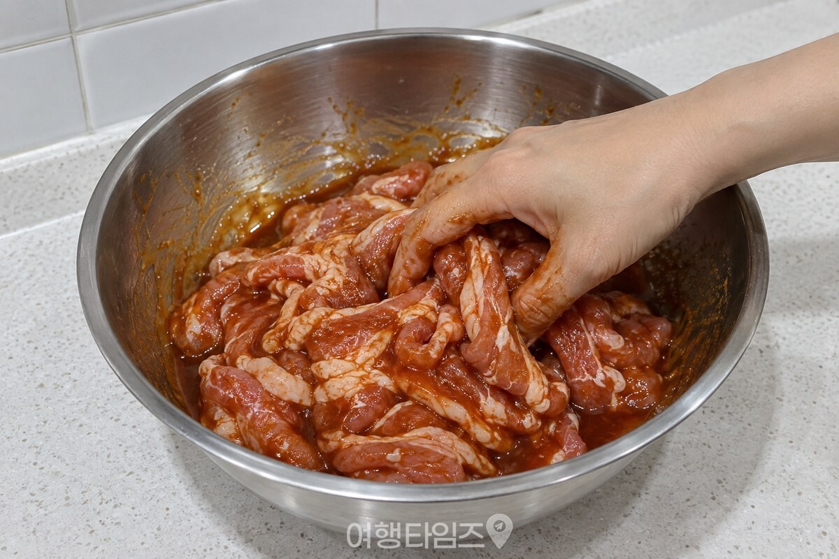 녹말을 푼 양념에 얇게 썬 돼지고기를 손으로 고르게 버무리는 모습 / 기사 이해를 돕기 위한 생성형 이미지