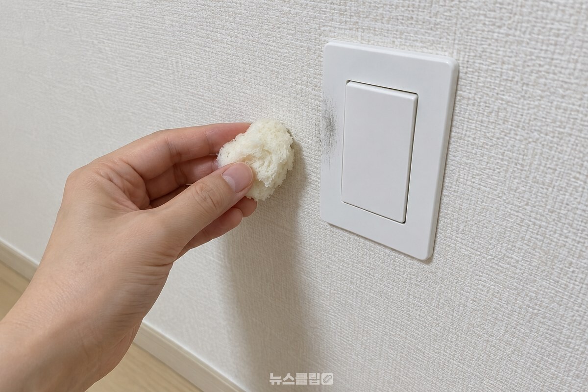 거실 전등 스위치 옆 벽지에 남은 옅은 손자국과 마른 식빵 속살을 함께 보여 주는 모습. / 기사 이해를 돕기 위한 생성형 이미지