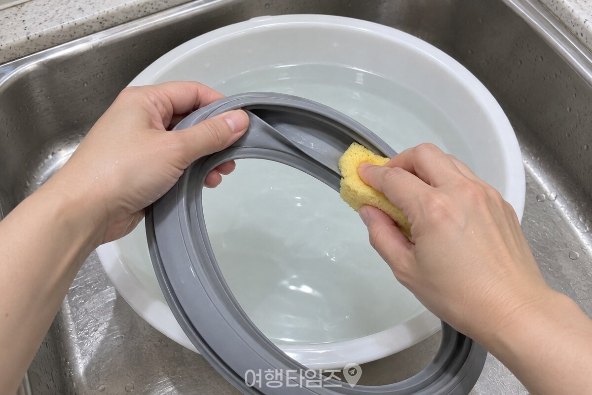 미지근한 물을 받은 대야에서 고무패킹의 안쪽 면을 부드러운 스펀지로 닦고 있다. / 기사 이해를 돕기 위한 생성형 이미지