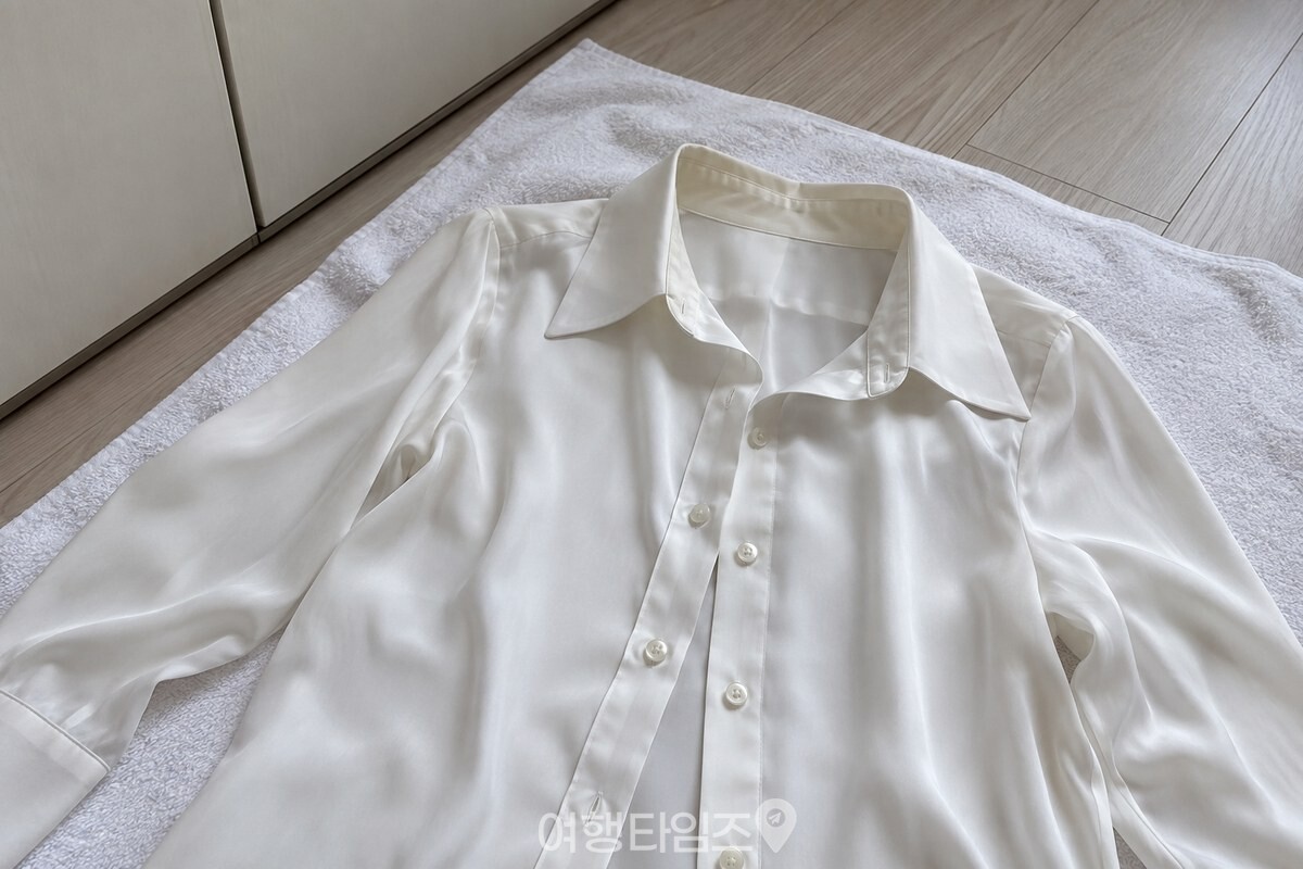 깨끗한 흰 수건 위에 펼친 실크 블라우스의 깃과 앞단을 가까이 담은 모습 / 기사 이해를 돕기 위한 생성형 이미지