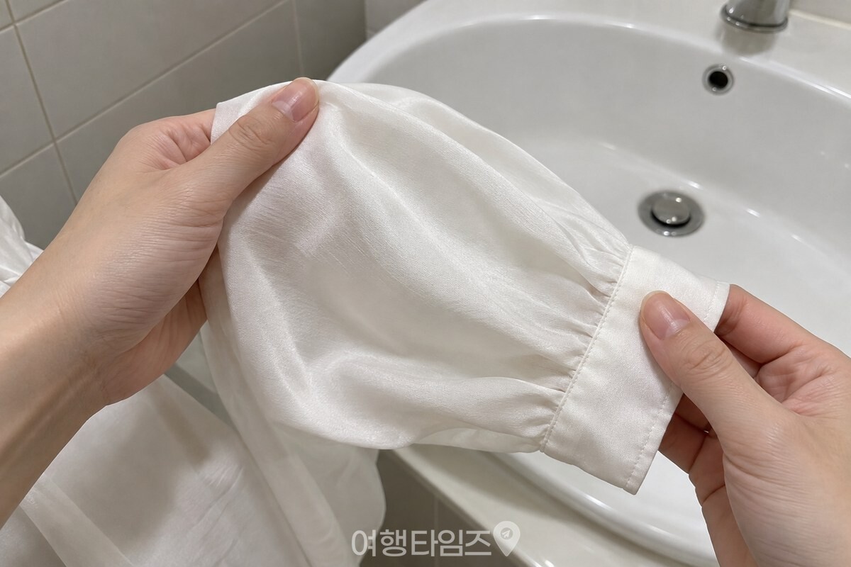 세면대 옆에서 흰 실크 블라우스의 섬유 결을 손끝으로 살펴보는 모습 / 기사 이해를 돕기 위한 생성형 이미지