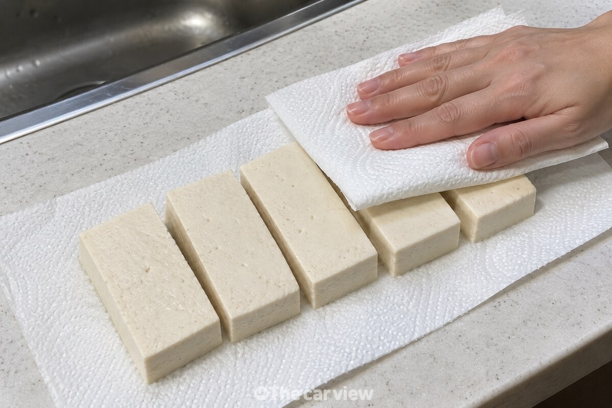 키친타월 위에 올린 1.5cm 두께의 두부 조각에서 물기를 닦는 모습. / 기사 이해를 돕기 위한 생성형 이미지