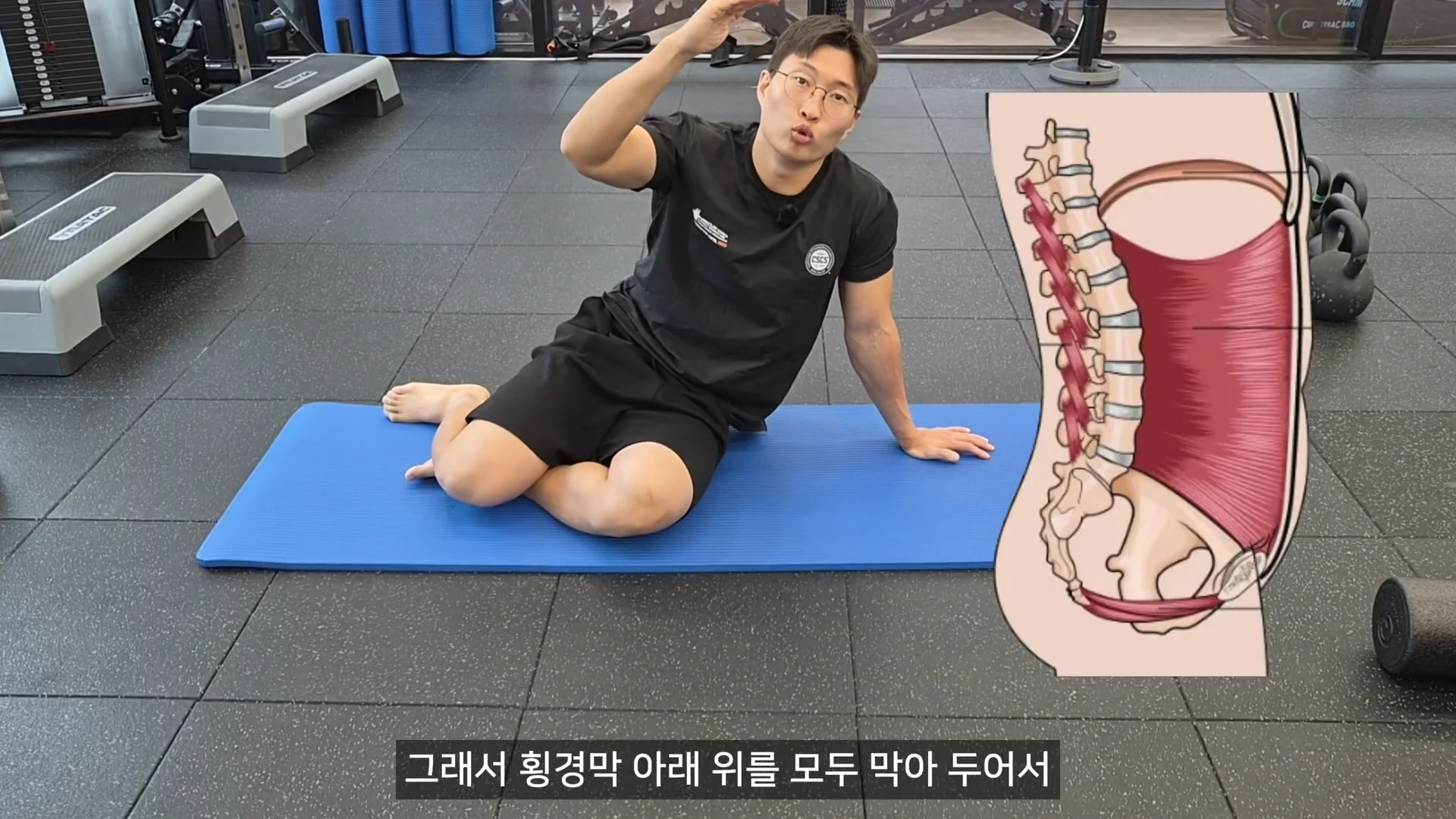 체육관 매트 위에 앉아 있는 안경 쓴 남성이 한 손을 들어 올리며 설명하고 있고, 오른편에는 복횡근과 척추 구조를 보여주는 해부학 일러스트가 배치되어 있다.