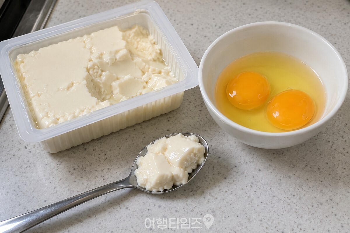 포장 물기를 뺀 연두부를 숟가락으로 한 술 떠 계란 옆에 둔 준비 장면. / 기사 이해를 돕기 위한 생성형 이미지