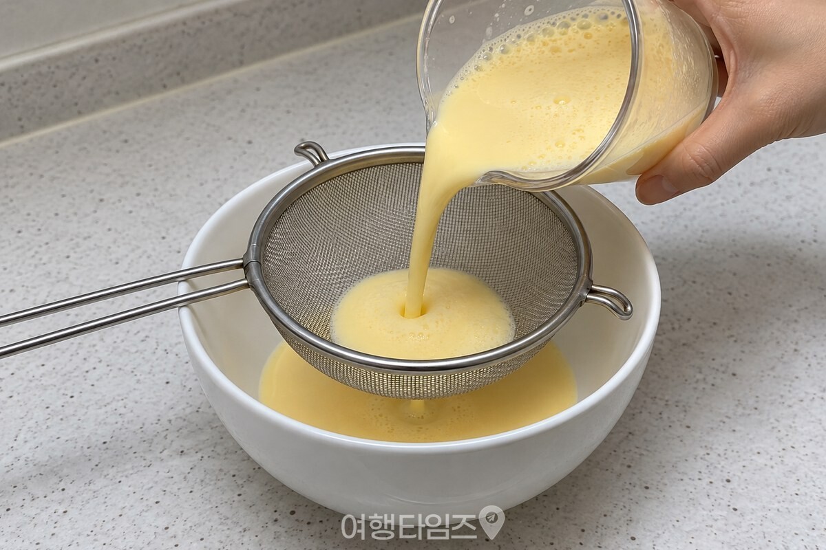 연두부를 섞은 계란물을 고운 체로 흰 그릇에 거르는 모습. / 기사 이해를 돕기 위한 생성형 이미지