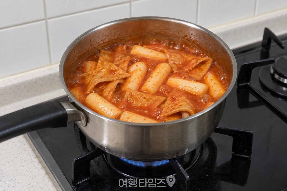 작은 냄비에서 떡과 어묵이 붉은 양념 국물에 함께 끓고 있다. / 기사 이해를 돕기 위한 생성형 이미지