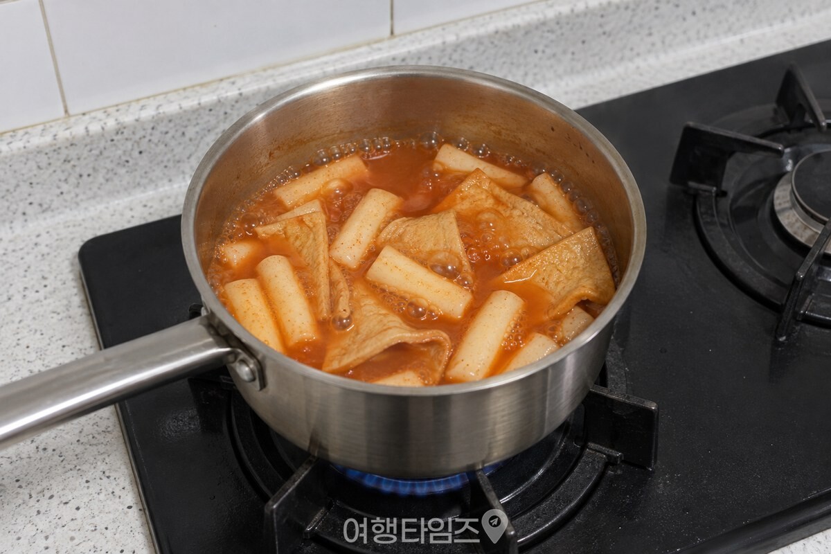 물에 떡과 어묵만 넣은 냄비에서 묽은 붉은 국물이 끓고 있다. / 기사 이해를 돕기 위한 생성형 이미지