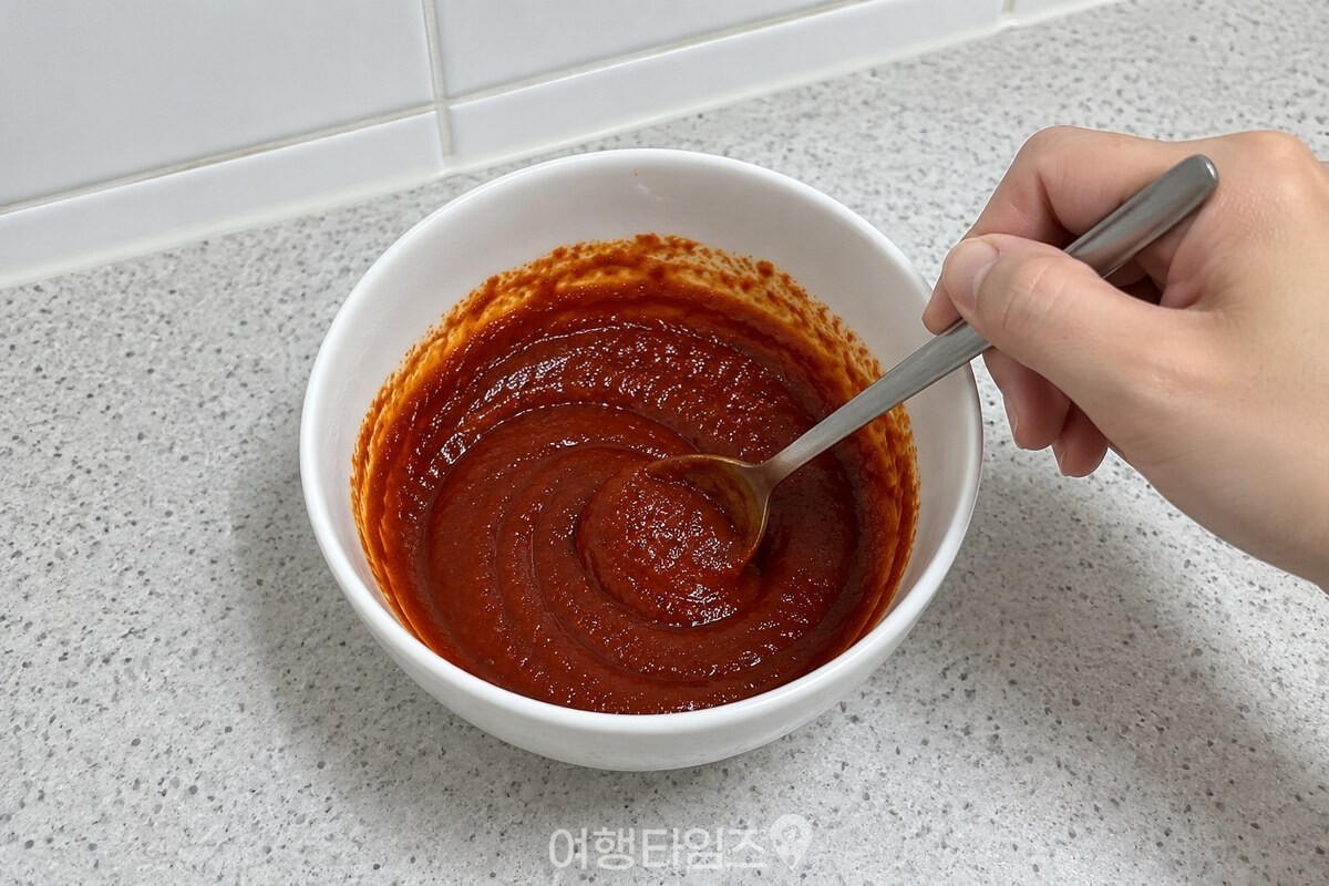 작은 그릇에서 카레가루를 섞은 붉은 떡볶이 양념을 숟가락으로 개고 있다. / 기사 이해를 돕기 위한 생성형 이미지