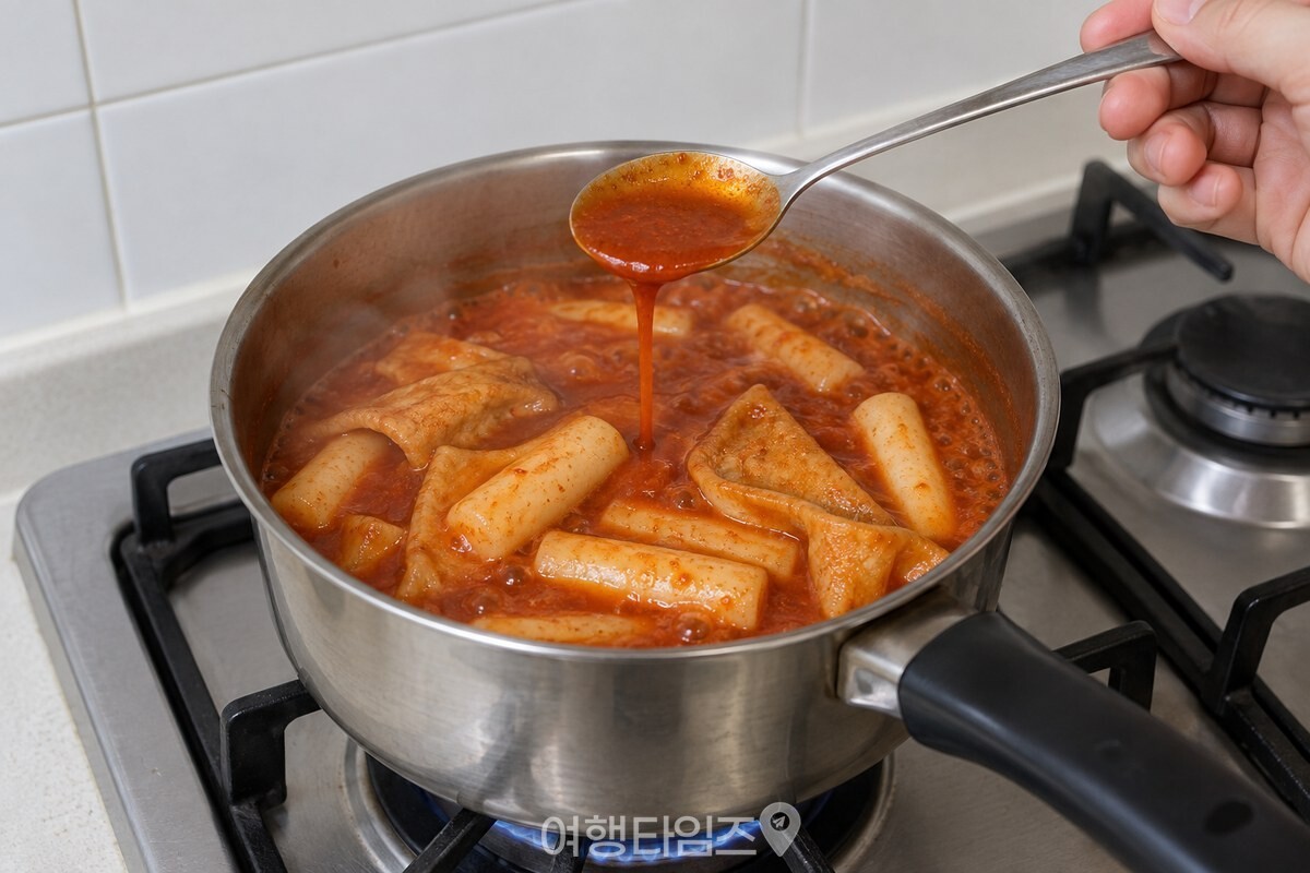 중불의 냄비에서 숟가락으로 떠 올린 떡볶이 국물이 천천히 흘러내리고 있다. / 기사 이해를 돕기 위한 생성형 이미지