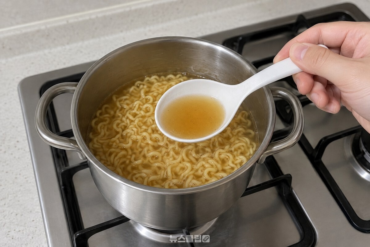 익은 라면 국물을 흰 국자로 한 숟갈 떠 간을 보고 있다. / 기사 이해를 돕기 위한 생성형 이미지