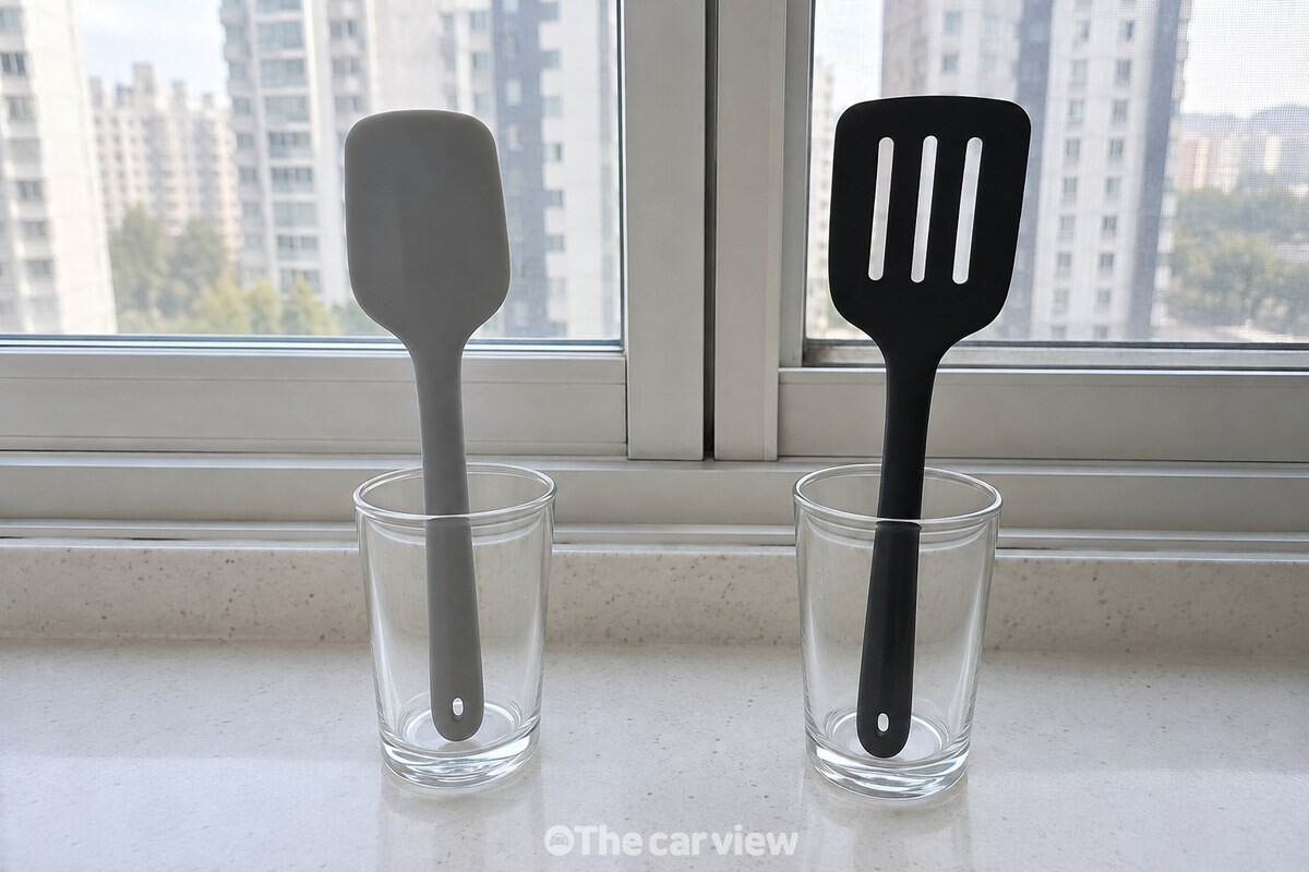 투명한 컵 두 개에 실리콘 주걱과 뒤집개를 날이 겹치지 않게 세워 둔 모습. / 기사 이해를 돕기 위한 생성형 이미지