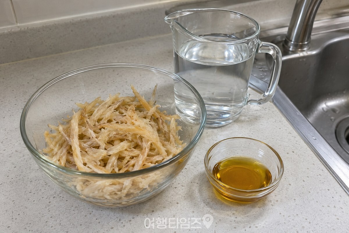 씻어 물기를 짠 황태채와 들기름, 찬물을 준비한 조리대. / 기사 이해를 돕기 위한 생성형 이미지