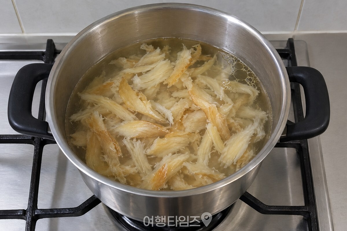 들기름에 먼저 볶은 황태채와 맑은 국물이 담긴 냄비 안쪽. / 기사 이해를 돕기 위한 생성형 이미지
