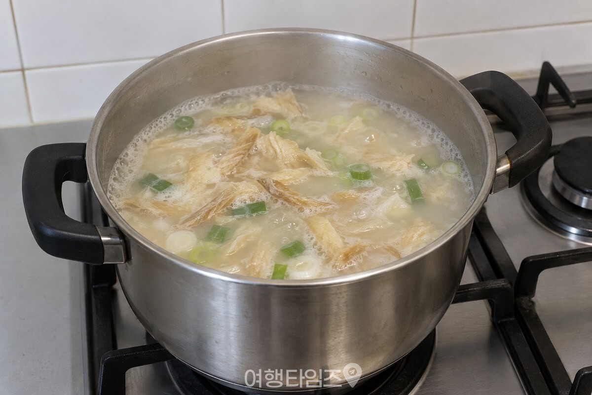 냄비 안에서 뽀얗게 끓고 있는 황태국과 부드럽게 풀린 황태채. / 기사 이해를 돕기 위한 생성형 이미지