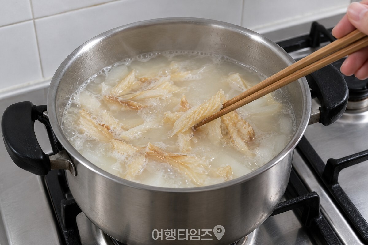 뽀얀 국물 속 황태채를 젓가락으로 눌러 부드러움을 확인하는 모습. / 기사 이해를 돕기 위한 생성형 이미지