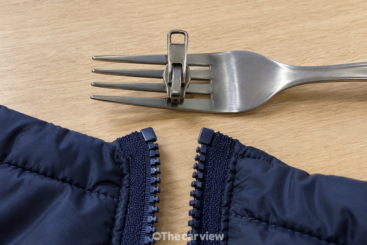 평평한 책상 위에서 포크 갈래 사이에 세워 둔 은색 지퍼머리와 패딩 지퍼 레일 끝. / 기사 이해를 돕기 위한 생성형 이미지
