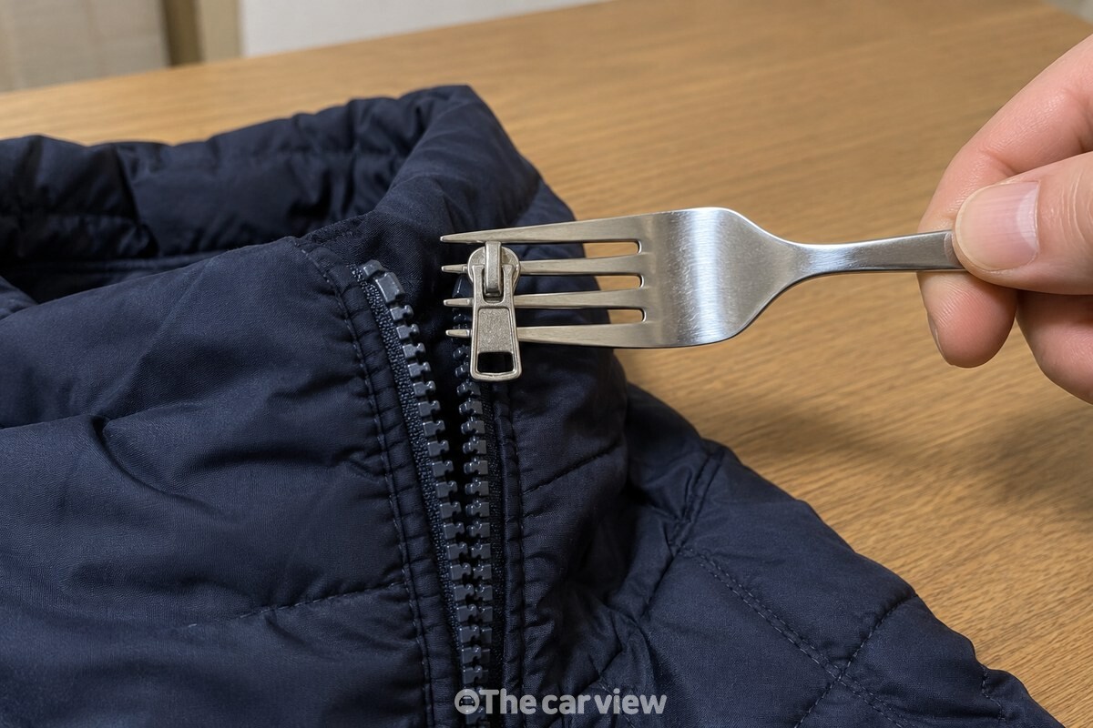 가운데 두 갈래 사이에 지퍼머리를 끼워 똑바로 고정한 금속 포크. / 기사 이해를 돕기 위한 생성형 이미지