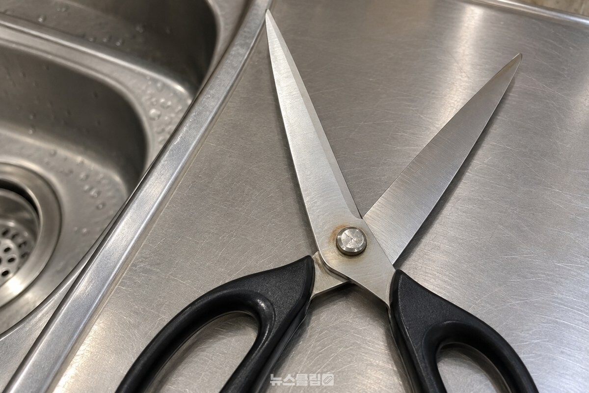 날을 벌린 주방 가위의 나사 주변과 안쪽 면을 가까이서 본 모습. / 기사 이해를 돕기 위한 생성형 이미지