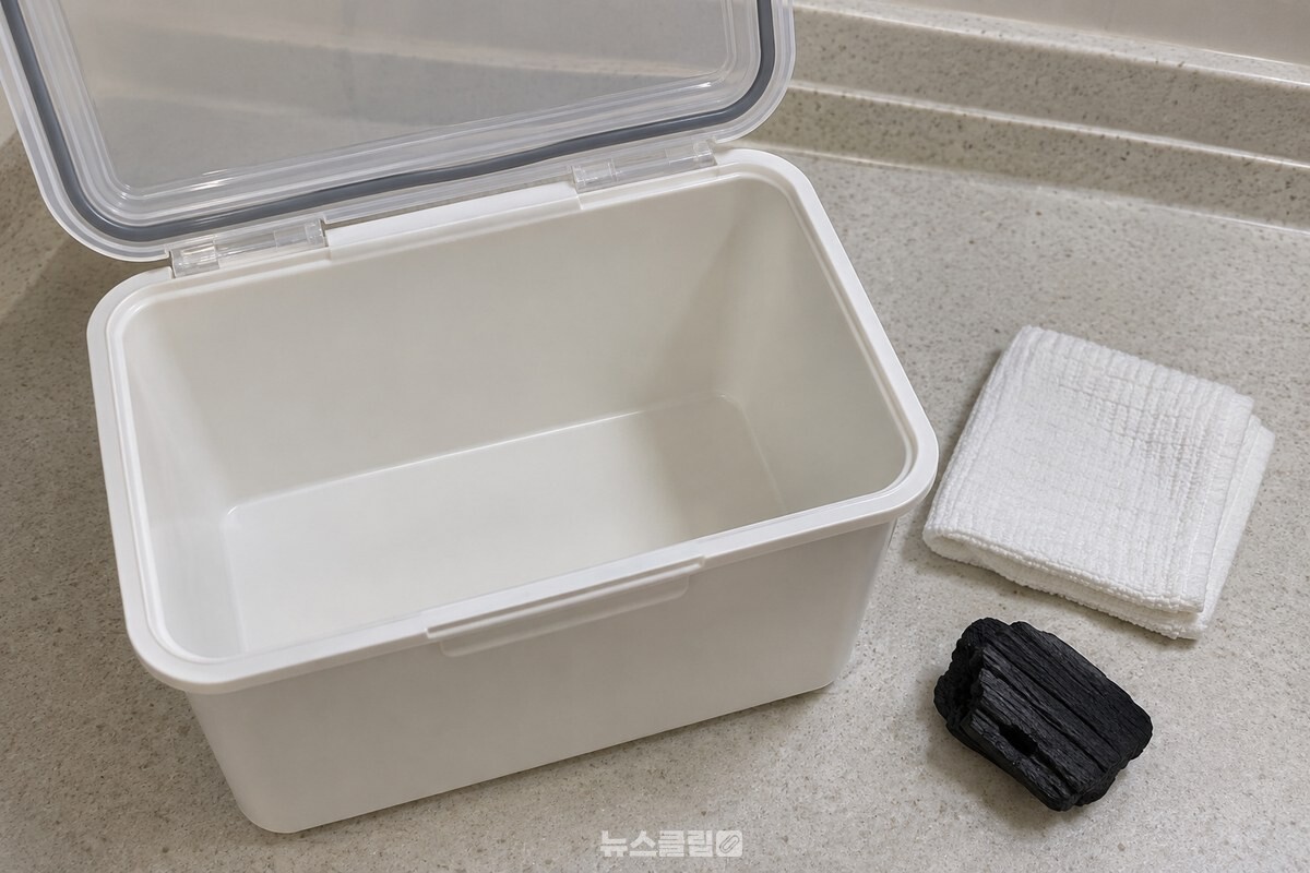 마른 행주와 완전히 말린 숯 한 조각을 쌀통 옆에 준비해 둔 모습이다. / 기사 이해를 돕기 위한 생성형 이미지