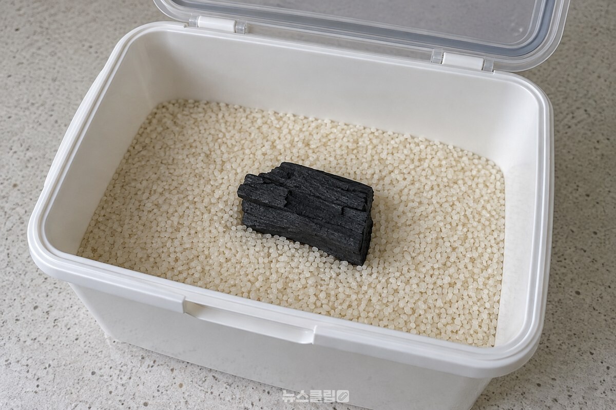 쌀을 절반 채운 쌀통 위에 마른 숯 한 조각을 올려둔 모습이다. / 기사 이해를 돕기 위한 생성형 이미지