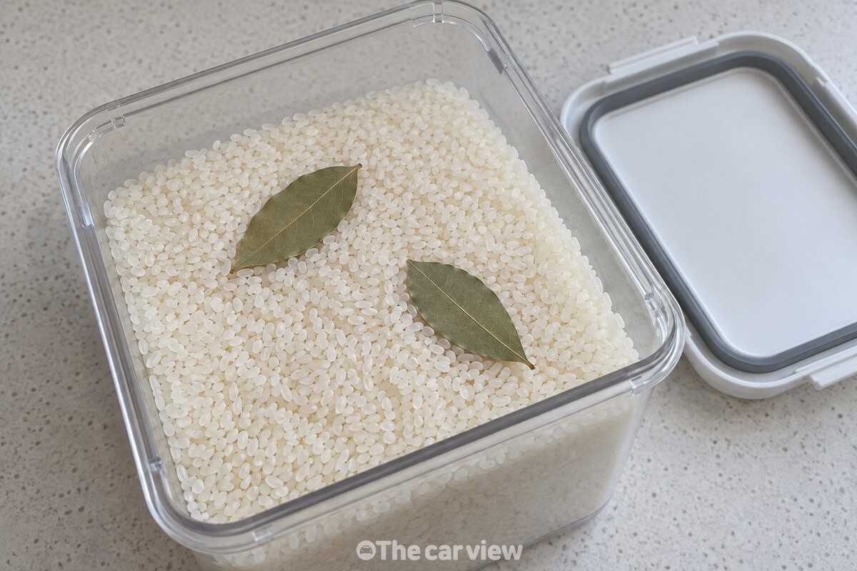 밀폐 용기 안 쌀 표면에 마른 월계수잎 두 장을 떨어뜨려 올려둔 모습. / 기사 이해를 돕기 위한 생성형 이미지