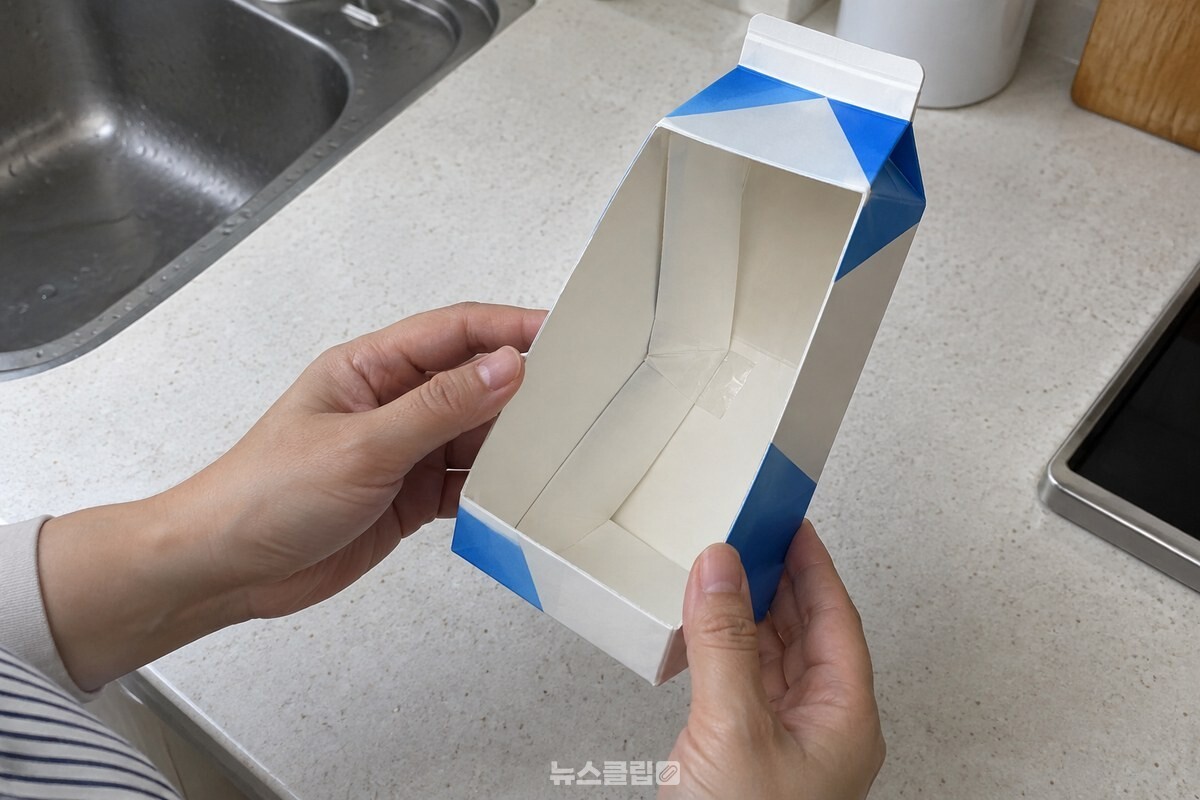 한쪽 면을 잘라낸 우유팩의 접은 안쪽 벽을 테이프로 고정하고 있다. / 기사 이해를 돕기 위한 생성형 이미지