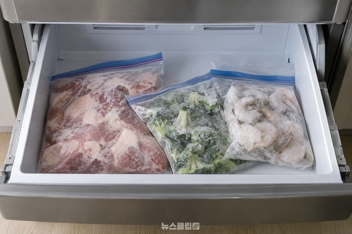 넓은 냉동실 칸 안에서 칸막이 없이 놓인 지퍼백이 옆으로 퍼져 있다. / 기사 이해를 돕기 위한 생성형 이미지
