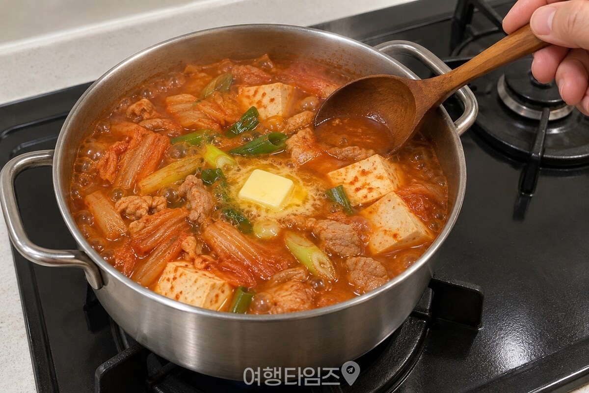 불을 끈 김치찌개 냄비 가운데에서 작은 버터 조각이 붉은 국물에 녹고 있다. / 기사 이해를 돕기 위한 생성형 이미지
