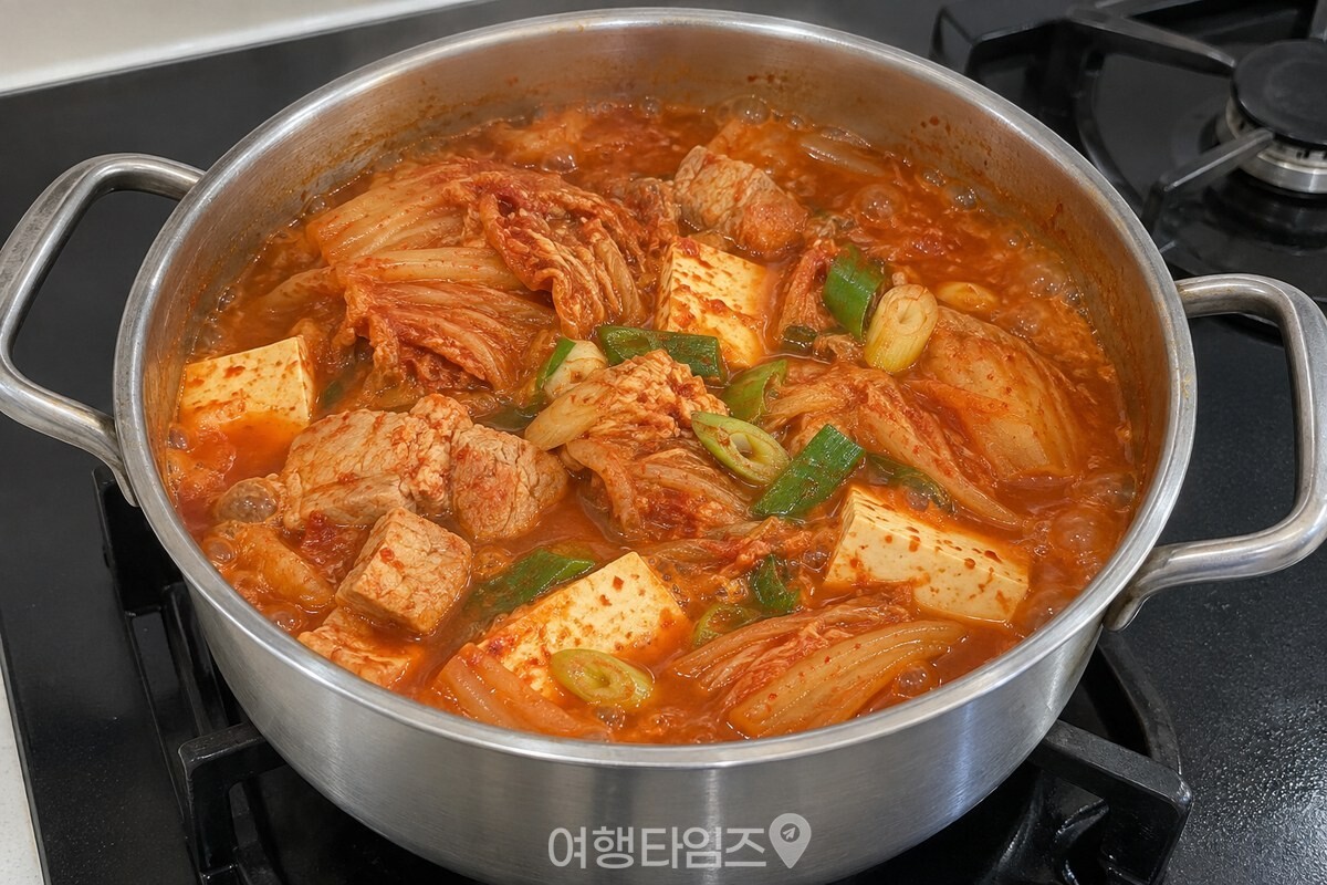 묵은지와 돼지고기가 들어간 김치찌개가 냄비에서 조용히 끓고 있다. / 기사 이해를 돕기 위한 생성형 이미지