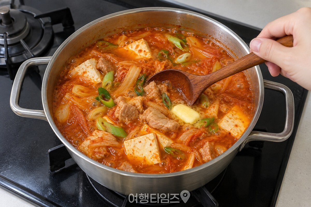 불을 끈 뒤 국자로 김치찌개를 크게 저어 버터를 잔열에 녹이고 있다. / 기사 이해를 돕기 위한 생성형 이미지
