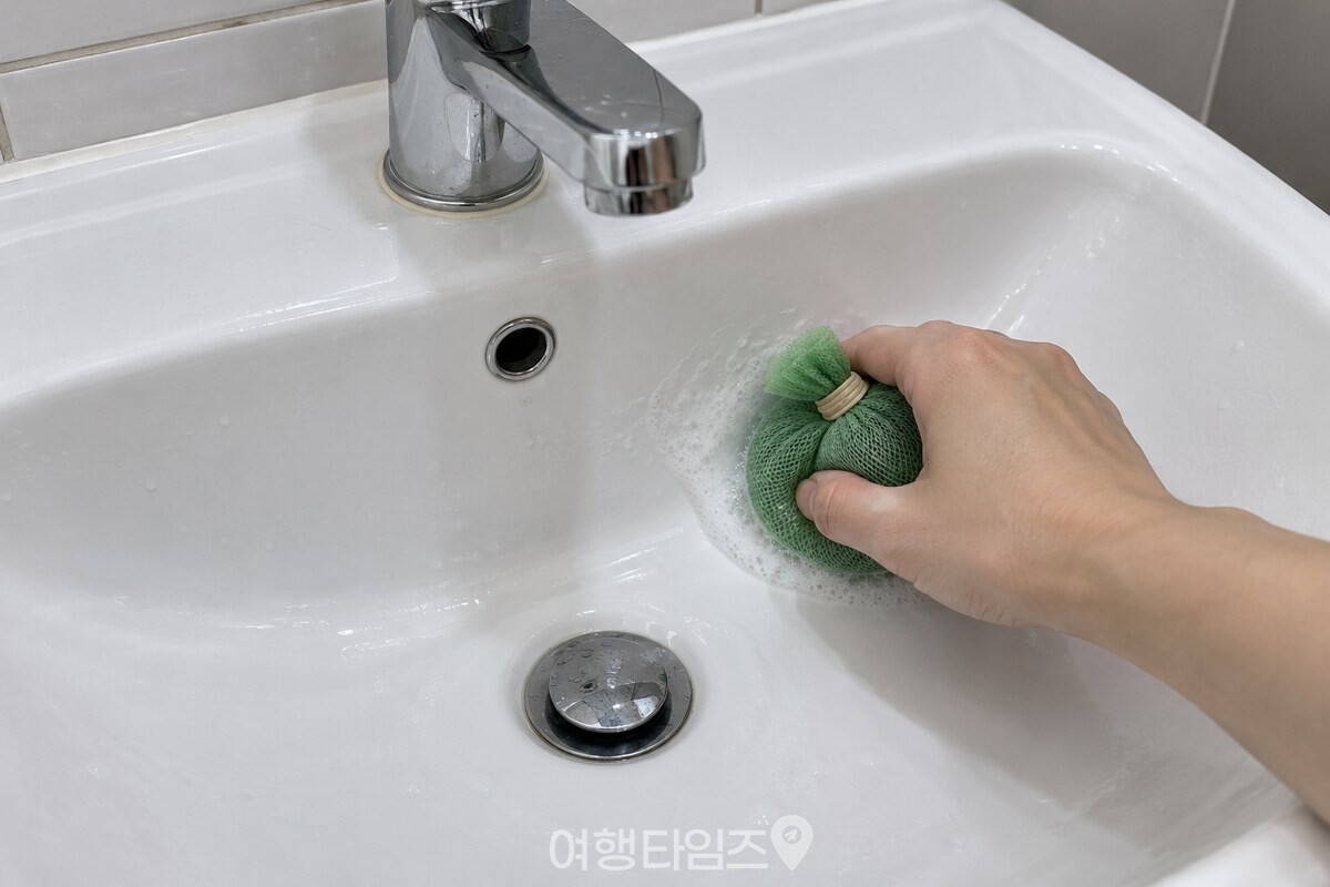 거품이 난 비누망으로 세면대 안쪽을 둥글게 문지르는 모습. / 기사 이해를 돕기 위한 생성형 이미지
