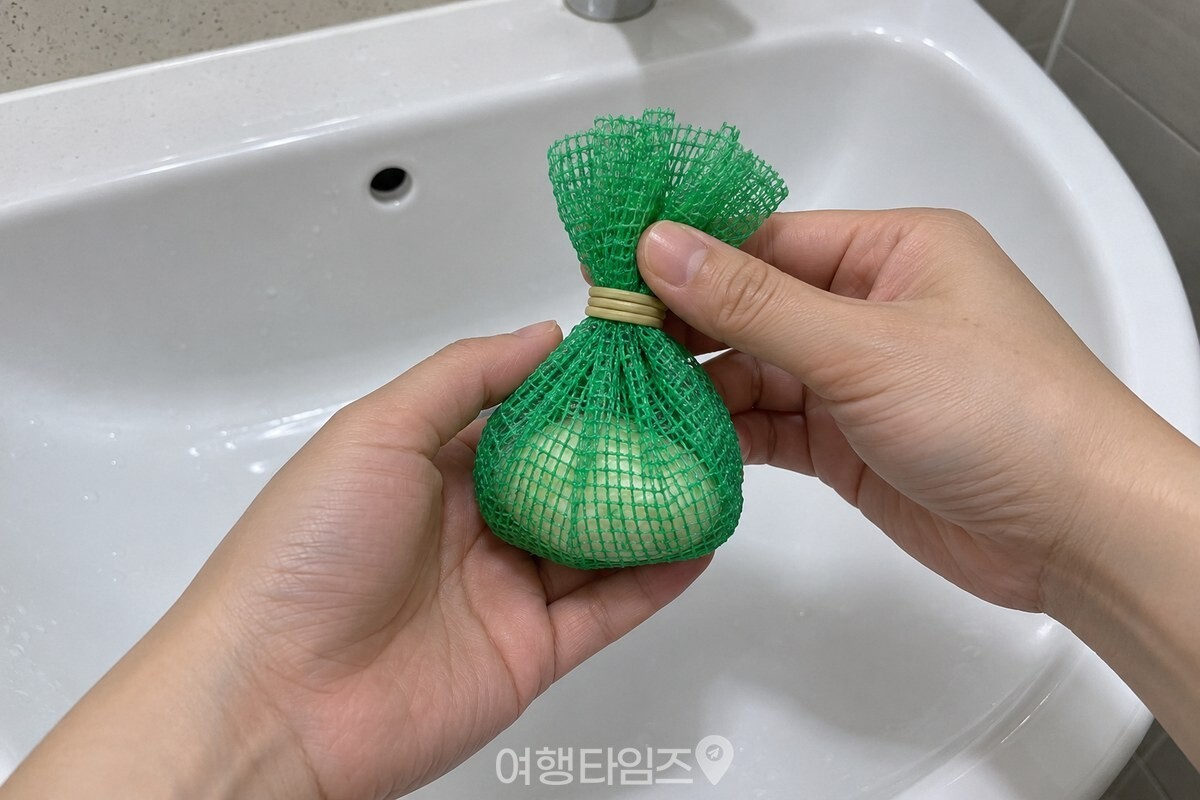 비누 조각을 감싼 때타월의 목 부분을 고무줄로 묶는 손. / 기사 이해를 돕기 위한 생성형 이미지